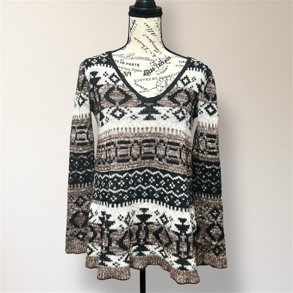 Free People S Brown Cream Alpaca Wool Blend V Neck‎ Pullover Sweater Boho Nordic